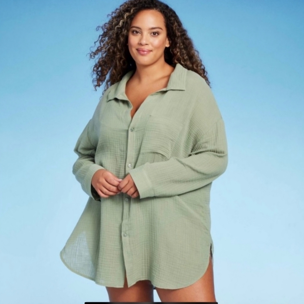 KONA SOL WOMENS LONG SLEEVE OLIVE GREEN BUTTON-UP LIGHT WEIGHT COVER UP …